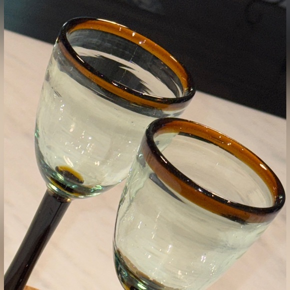 2 Set Hand Blown Wine Glasses. Amber Rim and Stem - Picture 2 of 5